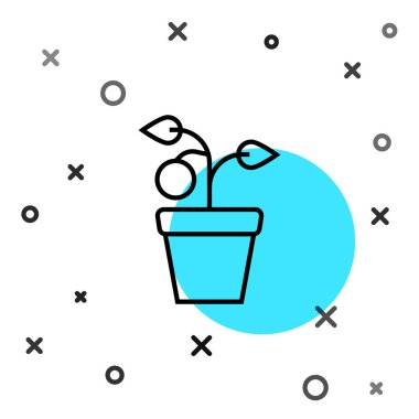 Esrar ikonundaki siyah çizgi bitkisi beyaz arkaplanda izole edilmiş. Tencerede yetişen bir bitki. Saksı bitkisi işareti. Rastgele dinamik şekiller. Vektör.