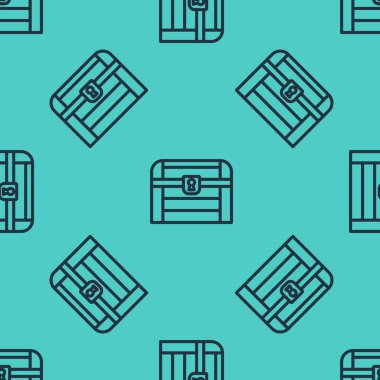 Siyah çizgi antika hazine sandığı ikonu yeşil arka planda pürüzsüz desen izole etti. Altın sikkeli klasik tahta sandık. Vektör.