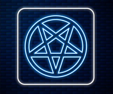 Duvarın arka planında izole edilmiş bir daire simgesinde parlayan neon çizgisi pentagram. Sihirli okült yıldız sembolü. Vektör.