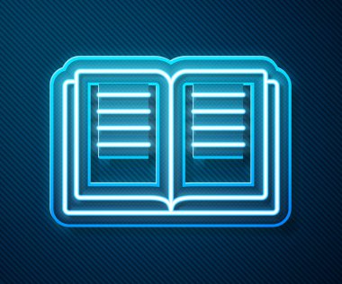 Parlayan neon hattı üzerinde simya tarifleri, mistik büyüler ve mavi arka planda izole edilmiş büyü simgeleri olan Eskiler 'in sihirli kitabı. Vektör.