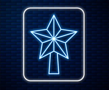 Parlayan neon hattı Noel yıldızı simgesi tuğla duvar arkasında izole edilmiş. Mutlu Noeller ve mutlu yıllar. Vektör.