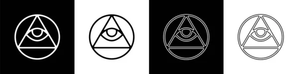 メイソンのシンボルを設定黒と白の背景に隔離された神のアイコンのすべてを見る目 三角形のプロビデンスの目 ベクトル — ストックベクタ