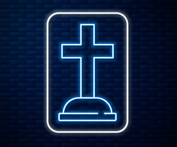 Linea Neon Incandescente Tombstone Con Icona Croce Isolata Sfondo Muro — Vettoriale Stock