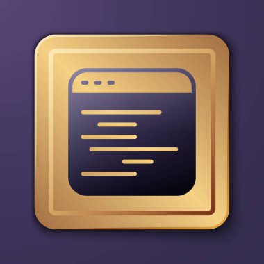 Mor Yazılım, web geliştirici programlama kodu simgesi mor arkaplanda izole. Program kodunun rastgele bilgisayar betiği parçalarını Javascript et. Altın kare düğme. Vektör