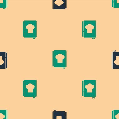 Yeşil ve siyah yemek kitabı ikonu bej arka planda kusursuz desen izole etti. Yemek kitabı ikonu. Yemek tarifi kitabı. Çatal ve bıçak ikonları. Çatal bıçak sembolü. Vektör.