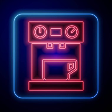 Parlayan neon kahve makinesi ikonu mavi arka planda izole edilmiş. Vektör.