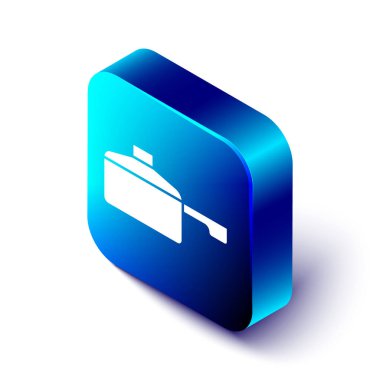 Isometric kızartma tavası simgesi beyaz arkaplanda izole edildi. Kızartma veya kızartma gıda sembolü. Mavi kare düğme. Vektör.