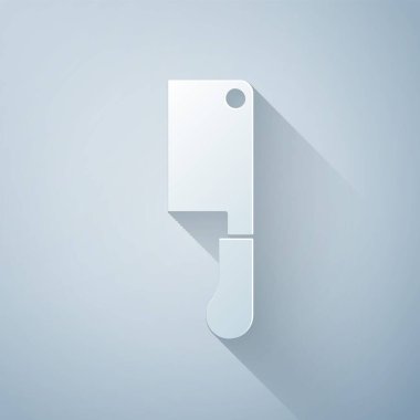 Kağıt kesiği Et Helikopteri simgesi gri arkaplanda izole edildi. Kasap bıçağı. Et için mutfak bıçağı. Kasap bıçağı. Kağıt sanatı tarzı. Vektör.