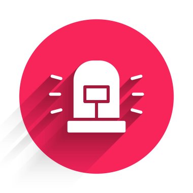 Beyaz teşhirci siren ikonu uzun gölgeli izole edilmiş. Acil durum sireni. Kırmızı daire düğmesi. Vektör.