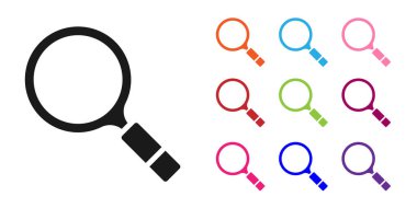 Beyaz zemin üzerinde arama simgesi olan siyah büyüteç. Dedektif araştırıyor. Simgeleri renklendirin. Vektör.