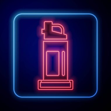 Parlayan neon biber gazı ikonu mavi arka planda izole edilmiş. OC gazı. Capsicum nefsi müdafaa spreyi. Vektör.