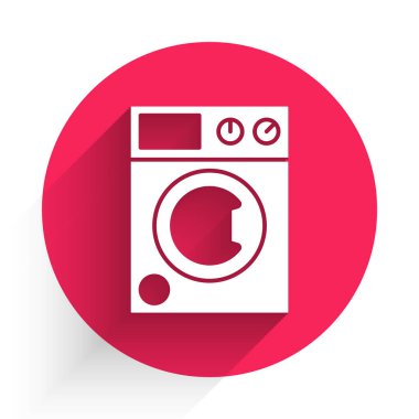 Beyaz Yıkama simgesi uzun gölgeli izole edilmiş. Çamaşır makinesi simgesi. Çamaşır makinesi, çamaşır makinesi. Ev aletleri sembolü. Kırmızı daire düğmesi. Vektör.