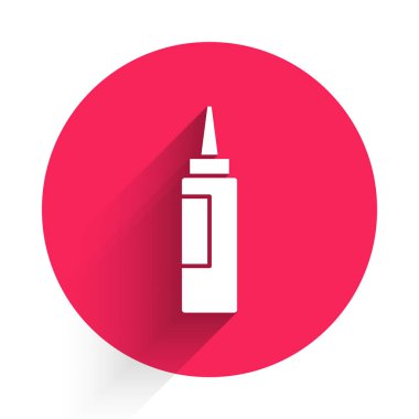 Beyaz Krem veya losyon kozmetik tüp ikonu uzun gölgeli izole edilmiş. Kadınlar için vücut bakım ürünleri. Kırmızı daire düğmesi. Vektör.