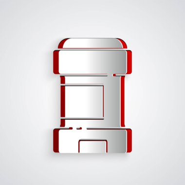 Kağıt kesiği Terleme önleyici deodorant rulo simgesi gri arkaplanda izole edilmiş. Vücut hijyeni için kozmetik. Kağıt sanatı tarzı. Vektör.