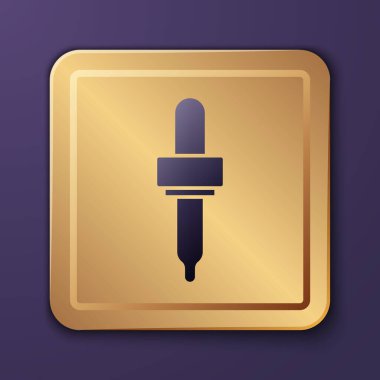 Mor Pipette simgesi mor arkaplanda izole edilmiş. Tıbbi, kozmetik, kimya laboratuvarı ekipmanları. Altın kare düğme. Vektör.