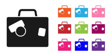 Seyahat simgesi için siyah bavul beyaz arkaplanda izole edildi. Seyahat bagaj tabelası. Seyahat bagaj ikonu. Simgeleri renklendirin. Vektör.