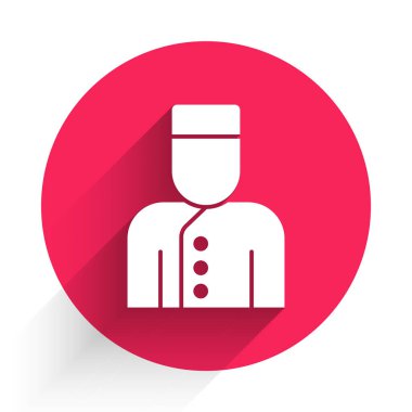 Beyaz kapıcı simgesi uzun gölgeli izole edilmiş. Kırmızı daire düğmesi. Vektör.