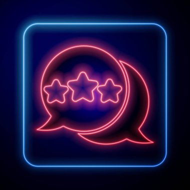 Parlayan neon beş yıldızlı müşteri ürün değerlendirme simgesi mavi arkaplanda izole edildi. Favori, en iyi derecelendirme, ödül sembolü. Vektör.