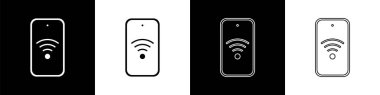 Siyah ve beyaz arkaplanda ücretsiz kablosuz bağlantı ikonuna sahip akıllı telefonu ayarla. Kablosuz teknoloji, kablosuz bağlantı, kablosuz ağ. Vektör.