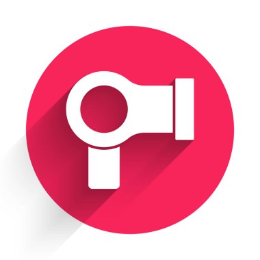 Beyaz saç kurutma ikonu uzun gölgeli izole edilmiş. Saç kurutma makinesi tabelası. Saç kurutma sembolü. Sıcak hava üflüyor. Kırmızı daire düğmesi. Vektör.