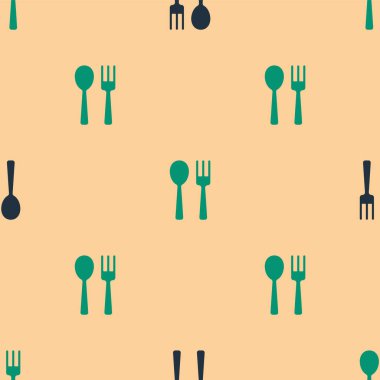 Yeşil ve siyah çatal ve kaşık ikonu bej arka planda izole edilmiş pürüzsüz desen. Mutfak aletleri. Çatal bıçak seti. Vektör.