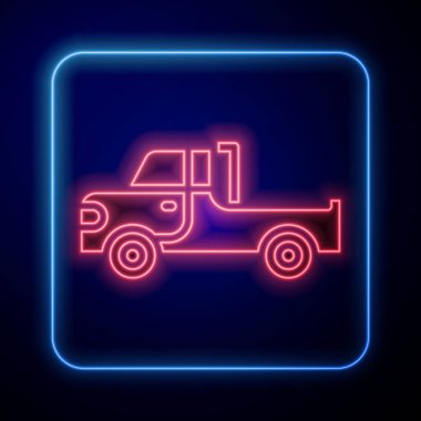 Parlayan neon kamyonet ikonu mavi arka planda izole edildi. Vektör.