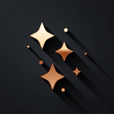 Siyah arka planda izole edilmiş sihirli parçacık simgesine sahip altın parıldayan yıldızlar. Sihirli noel süsü. Uzun gölge tarzı. Vektör.