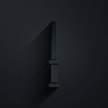 Kağıt kesiği Sihirli değnek simgesi siyah arkaplanda izole edildi. Yıldız şeklinde sihirli aksesuar. Sihirli güç. Kağıt sanatı tarzı. Vektör.