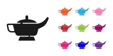 Siyah Büyü lambası veya Aladdin lamba ikonu beyaz arkaplanda izole edilmiş. Dilek için ruhani lamba. Simgeleri renklendirin. Vektör.