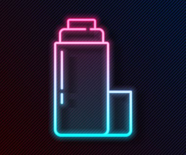 Parlayan neon hattı termos konteynır simgesi siyah arkaplanda izole edildi. Termo matara ikonu. Kamp ve yürüyüş ekipmanları. Vektör.