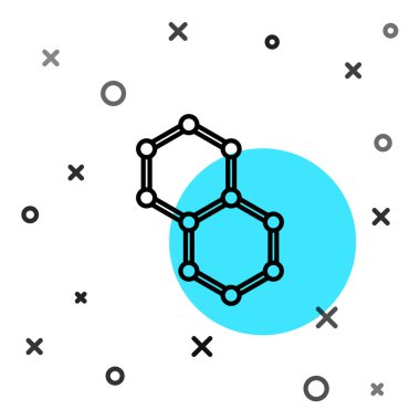Siyah çizgi kimyasal formül simgesi beyaz arkaplanda izole edildi. Yenilikçi tıp, sağlık, araştırma ve bilim için soyut altıgen. Rastgele dinamik şekiller. Vektör.