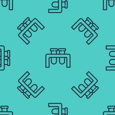 Siyah çizgi test tüpü ve matara kimyasal test ikonu yeşil arka planda izole edilmiş pürüzsüz desen. Laboratuvar cam levhası. Vektör.