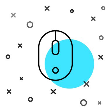 Siyah çizgi bilgisayar fare simgesi beyaz arkaplanda izole edildi. Tekerlek sembollü optik. Rastgele dinamik şekiller. Vektör.