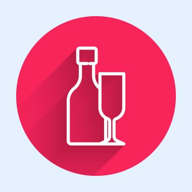 Uzun gölgeli cam ikonlu beyaz çizgi şarap şişesi. Kırmızı daire düğmesi. Vektör.