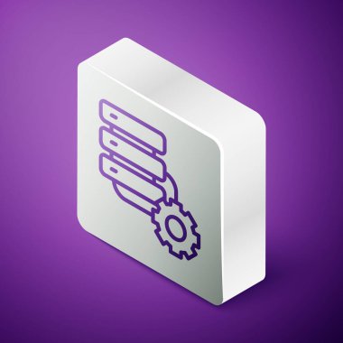 Mor arkaplanda Isometric satır sunucusu ve dişli simgesi izole edildi. Uygulama, servis konsepti, ayar seçenekleri, bakım, onarım, onarım. Gümüş kare düğme. Vektör
