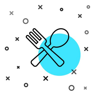 Siyah çizgi çatal ve kaşık simgesi beyaz arka planda izole edilmiş. Mutfak aletleri. Çatal bıçak seti. Rastgele dinamik şekiller. Vektör.