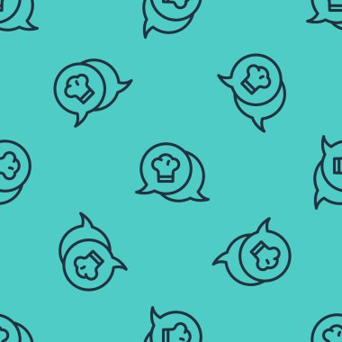 Konuşma baloncuğu ikonundaki siyah çizgi şefi şapkası yeşil arka planda kusursuz desen izole etti. Aşçılık sembolü. Aşçı şapkası. Vektör.