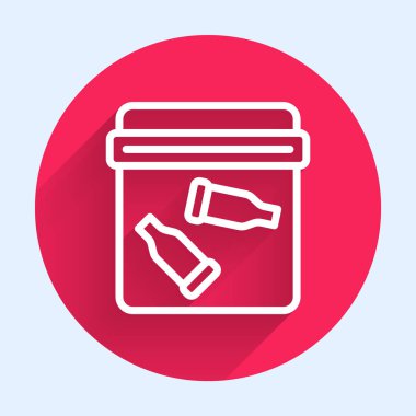 Uzun gölgeli kurşun ikonlu beyaz çizgi kanıt torbası. Kırmızı daire düğmesi. Vektör.