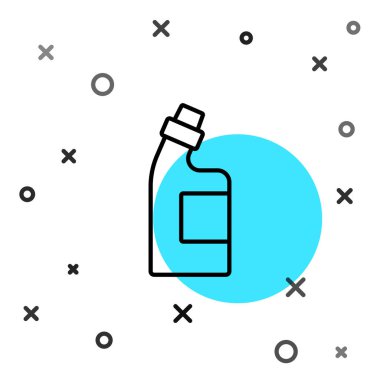 Çamaşır deterjanı, çamaşır suyu, bulaşık deterjanı ya da beyaz arka planda izole edilmiş başka bir temizlik maddesi ikonu için siyah çizgi plastik şişe. Rastgele dinamik şekiller. Vektör.