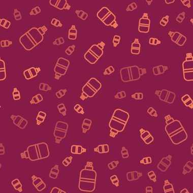 Kahverengi çizgili parfüm ikonu, kırmızı arka planda kusursuz desen izole etti. Vektör.