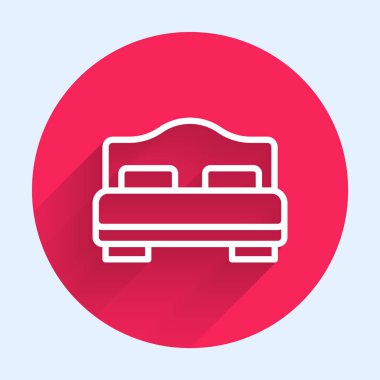 Beyaz çizgili otel odası yatak odası ikonu uzun gölgeli. Kırmızı daire düğmesi. Vektör.