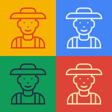Şapka ikonundaki pop sanat çizgisi çiftçisi renk arkaplanda izole edilmiş. Vektör.