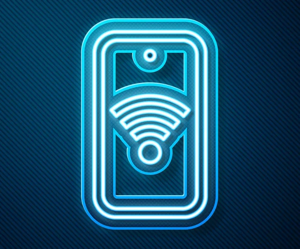 Leuchtendes Neonliniges Smartphone Mit Kostenlosem Wlan Funkverbindungssymbol Isoliert Auf Blauem — Stockvektor
