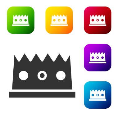 Siyah Kral taç simgesi beyaz arkaplanda izole edilmiş. Renkli kare düğmelerle simgeleri ayarla. Vektör.