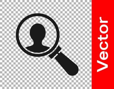 Şeffaf arkaplanda izole edilmiş bir insan simgesini aramak için siyah büyüteç. İşe alım ya da seçim konsepti. Çalışanları ve işi ara. Vektör.