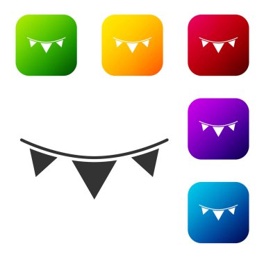 Beyaz arka planda izole edilmiş siyah karnaval çelengi. Doğum günü kutlaması için parti flamaları, festival dekorasyonu. Renkli kare düğmelerle simgeleri ayarla. Vektör.