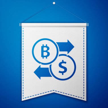 Mavi Kripto para değişimi simgesi mavi arkaplanda izole edildi. Bitcoin 'den dolar takas simgesine. Kripto para teknolojisi, mobil bankacılık. Beyaz flama şablonu. Vektör.