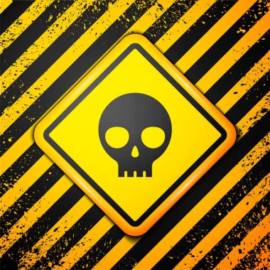 Sarı arka planda izole edilmiş siyah insan kafatası ikonu. Uyarı işareti. Vektör.