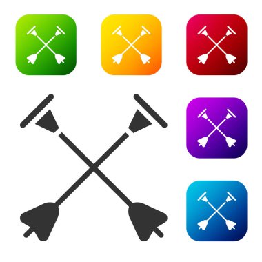 Siyah Ok, beyaz arka planda enayi ucu simgesi ile izole edilmiş. Renkli kare düğmelerle simgeleri ayarla. Vektör.