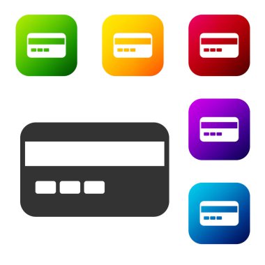 Siyah kredi kartı simgesi beyaz arkaplanda izole edildi. Çevrimiçi ödeme. Nakit çekilmesi. Finansal operasyonlar. Alışveriş tabelası. Renkli kare düğmelerle simgeleri ayarla. Vektör.